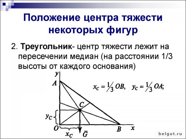 Положение центра тяжести треугольника